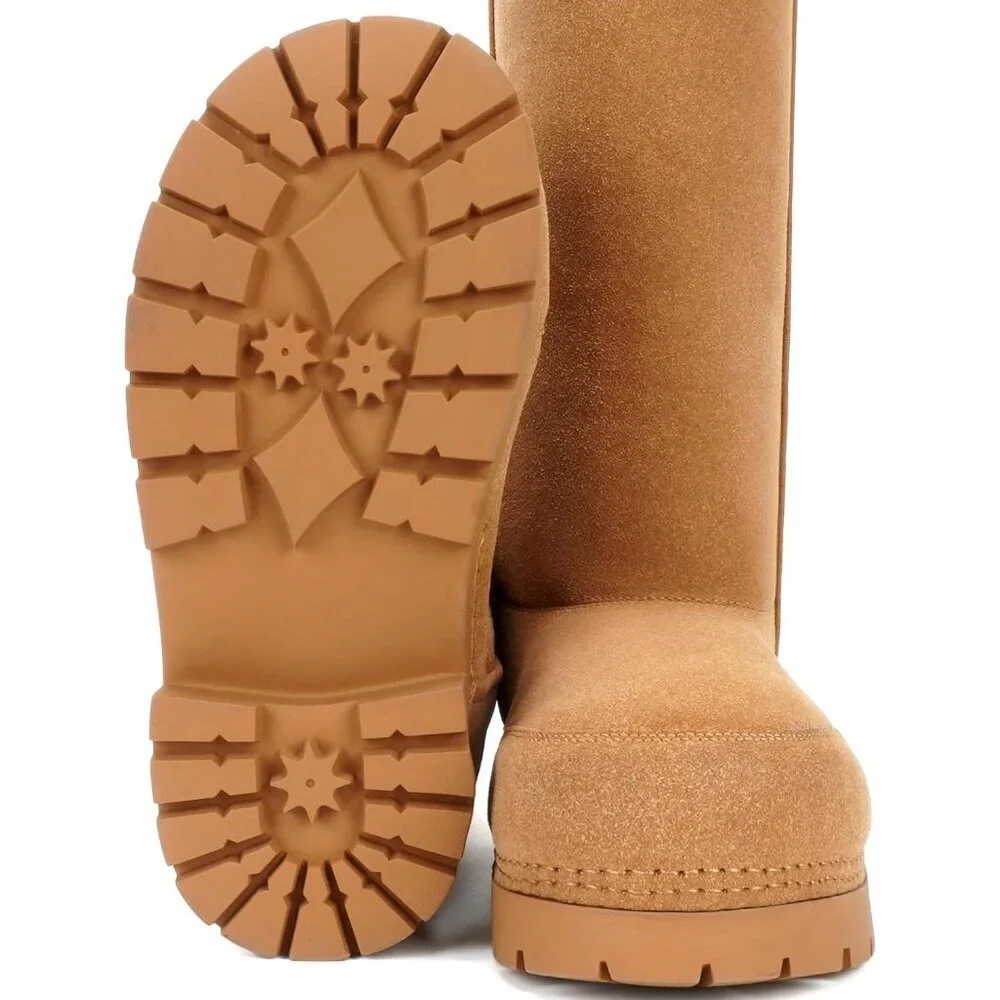 Faux Suede Platform Fuzzy Snow Round Toe Hippy Boots Slip On Knee High Brown